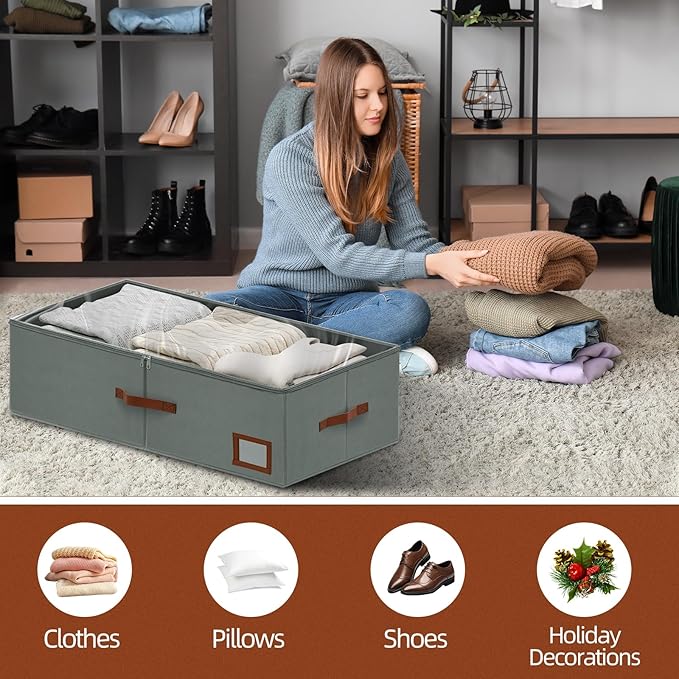 10 Inch Under Bed Storage Containers, 2 Pack Large Underbed Storage Bins w/Clear Lid & Sturdy Sidewall, Foldable Closet Organizer for Dorms, Bedroom, Clothes, Shoes, Bed Sheets, Blankets (Grey)