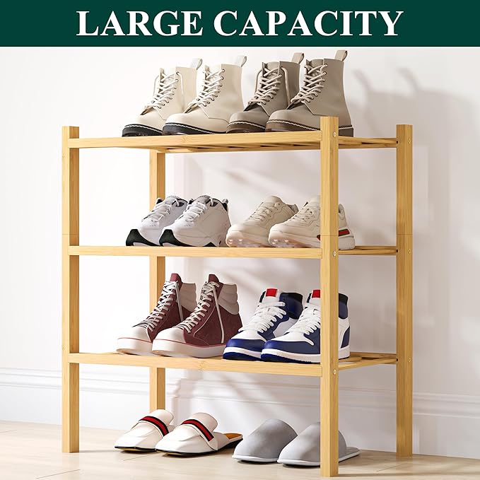 Smiry Small Bamboo Shoe Rack, 3 Tier Free Standing Wooden Shoe Organizer, Stackable Wood Shoe Storage Shelf for Closet, Entryway, 12 Vertical Slats, 2+1 Stack Standard Legs, 17.3"x11"x19.5", Natural