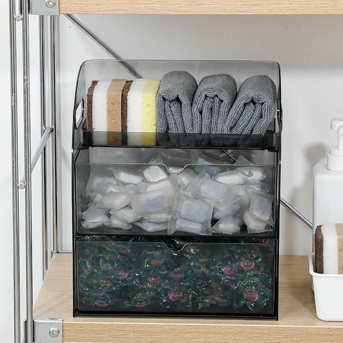 Plastic Under Sink Organizer with Drawers, Gray Kitchen and Pantry Storage Container for Trash Bags, Dishwasher Detergents, Sponge, Large Laundry Pods Dispenser with Handle for Cabinet