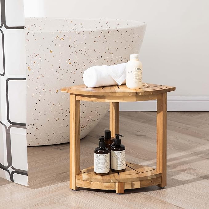 VICTORY RELAX Acacia Wood Corner Shower Shelf for Inside Shower – Waterproof Shower Bench & Foot Rest for Shaving Legs, Small Bathroom Spa Seat, Light Natural Color (17.9")