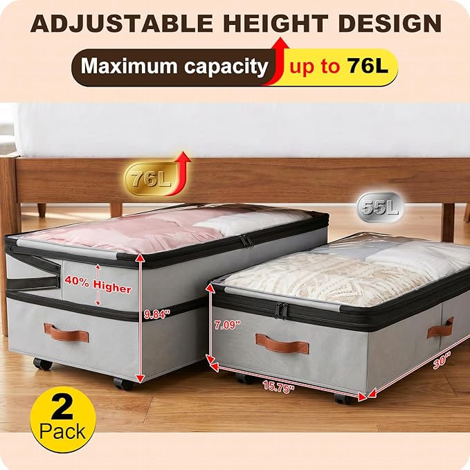 2 Pack Under Bed Storage with Wheels, Adjustable-Height Rolling Storage Containers with Clear Lids, 76L XXL Durable Underbed Organizer Bins for Clothes, Shoes, Blankets, Bedroom, Dorm, Closet - Gray