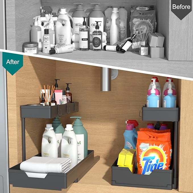 SOURCE 2 Pack Under Sink Organizer 2 Tier Sliding Cabinet Organizers