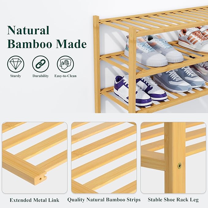 Smiry Bamboo Shoe Rack, 4 Tier Free Standing Wooden Shoe Organizer, Stackable Wood Shoe Storage Shelf for Closet, Entryway, 14 Vertical Slats, 2+2 Stack Heavy-Duty Legs, 26.8"x11"x26", Natural