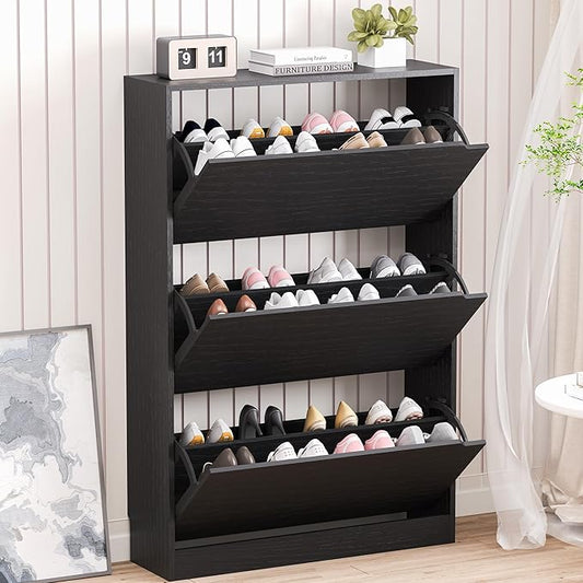 Shoe Storage Cabinet with 3 Flip Drawers, Narrow Shoe Rack Cabinet