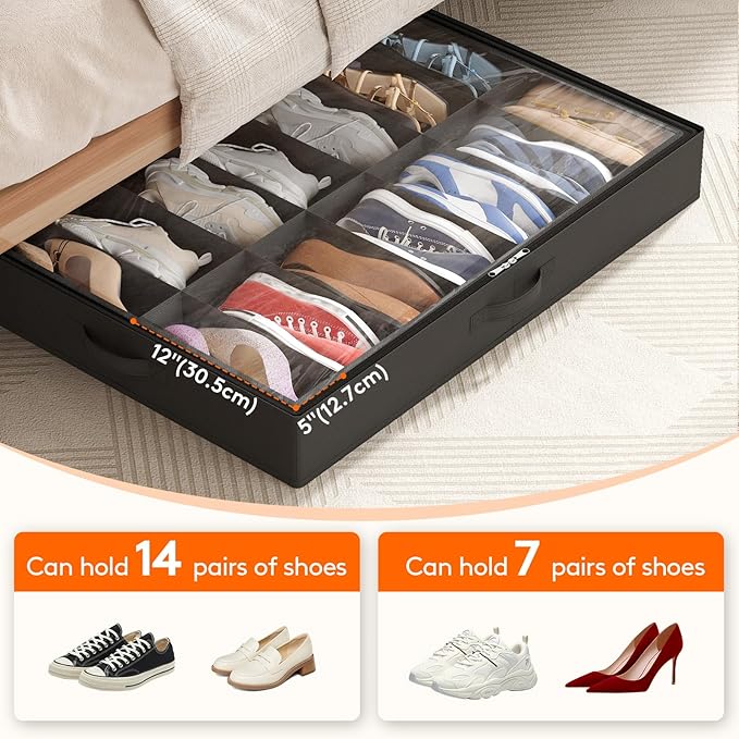 Lifewit Under Bed Shoe Storage Organizer 4 Pack(14 Shoes Cells), 4.3 Inches Tall Low Profile Fabric Shoes Container Box with Clear Cover, Foldable Storage Bag with 2 Handles, Fits 28 to 56 Pairs