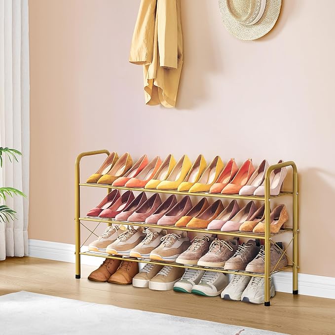 Hoctieon 3 Tier Mesh Style Shoe Rack, Entryway Shoe Shelf, Shoe Storage Organizer, Shoe Rack for Closet, Space Save for Bathroom, Garage, Hallway, Bedroom, Living Room, Gold