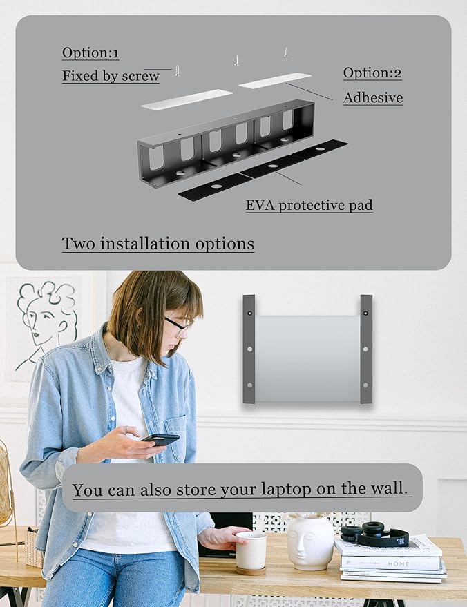 Under Desk Mount Holder or Wall Mount, Fit for Laptop, Keyboard, Routers, Modems, Cable Box, Network Switch and Devices Up to 40mm/1.57in Thick (Black)