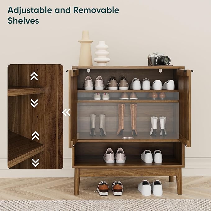 Kiasthome Shoe Storage Cabinet with Adjustable Shelves, Wooden Shoe Organizer, Shoes Rack for Entryway, Hallway, Living Room (Walnut, 27.56" W)