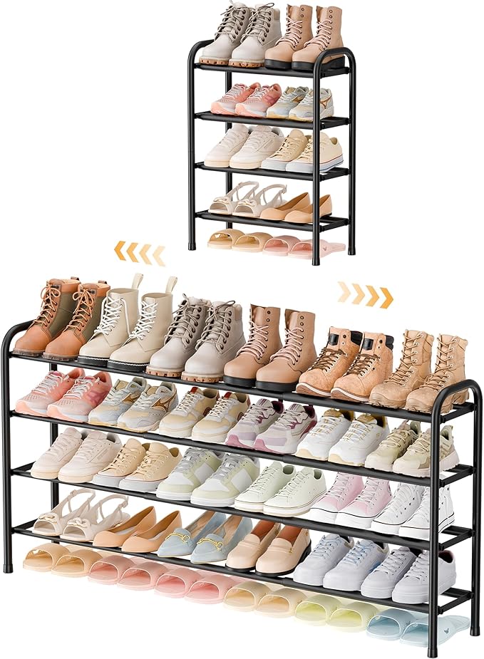ENJOYBASICS 4 Tier Expandable Shoe Rack for Closet, Free Standing Metal Shoe Shelf Storage Organizer Holder 24 Pairs, Adjustable Width Shoe Rack for Entryway Small Space, Black