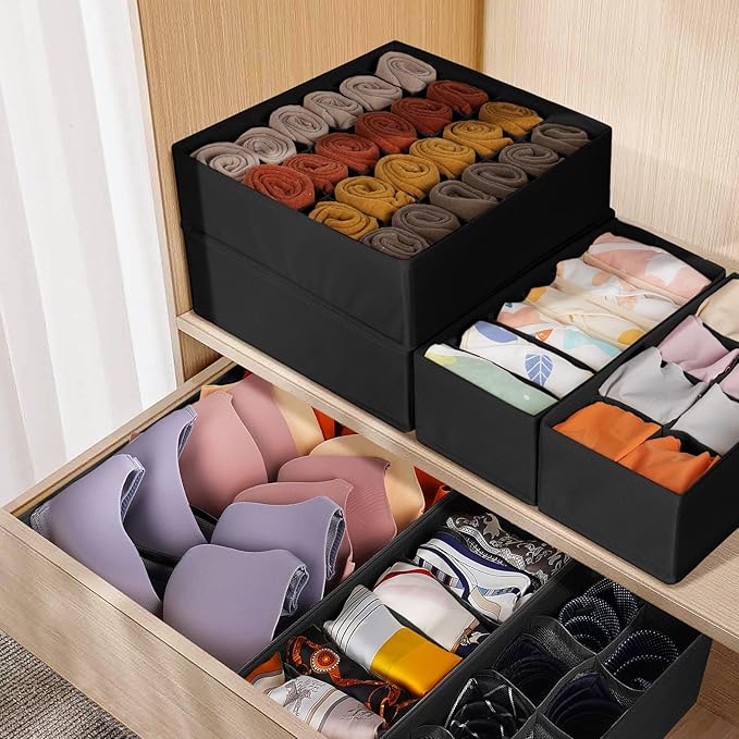 6 Pack Sock Underwear Drawer Organizer Dividers, Black