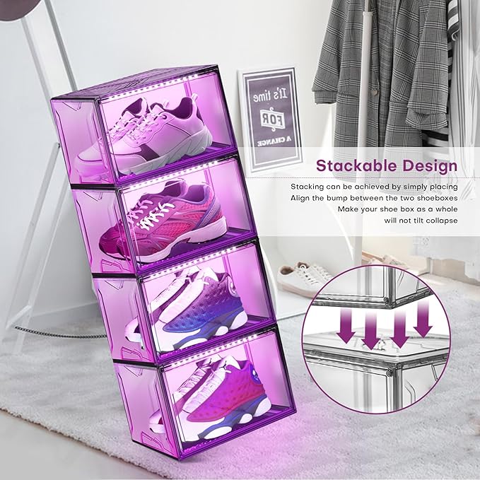 Oltraman Shoe Storage Organizer for Closet, Foldable Shoe Boxes Rack 2 pack, Clear Plastic Stackable Containers Bins Holder, Magnetic Sneaker Shelf for Sneakerheads with LED Lights Grey