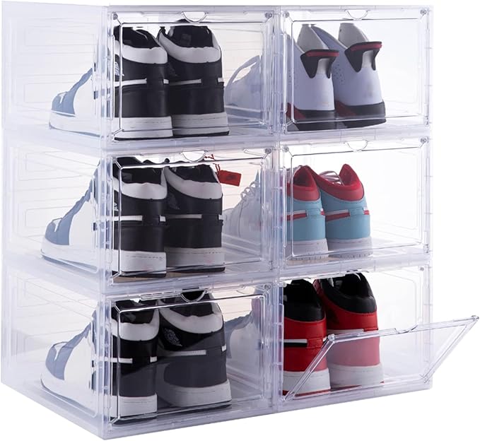 ZLLZUU Shoe Organizer Shoe Storage Boxes, 6 Pack Large Drop Front Shoe Boxes with Magnetic Door, Clear Plastic Stackable Shoe Containers (Clear White)