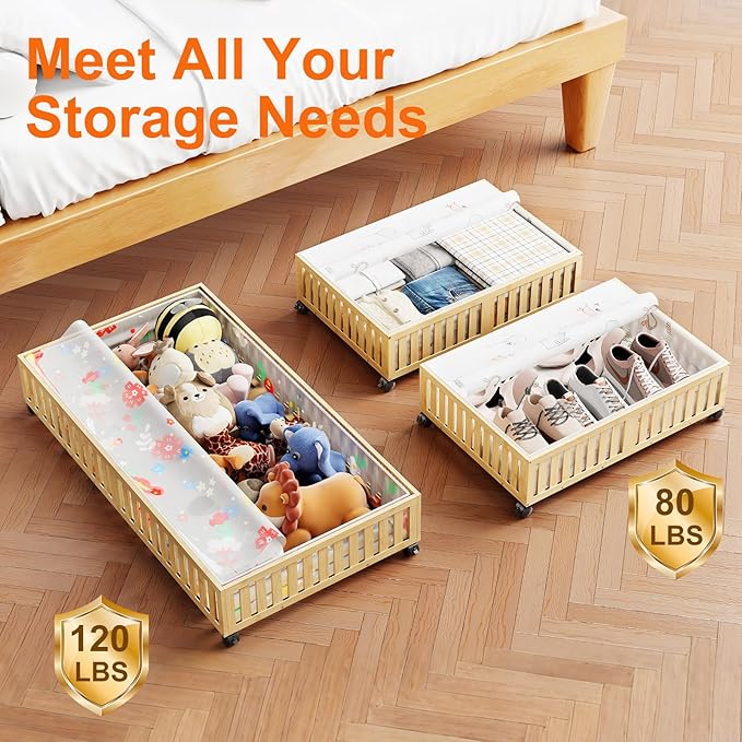 Bamboo Under Bed Storage Containers with Wheels, 40L UnderBed Drawers with Dust Bag, Breathable Under Bed Shoe Storage, Rolling UnderBed Clothes Storage, 2Pack