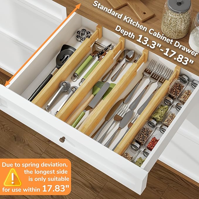 BAMEOS Drawer Divider,Expandable Bamboo Separators Adjustable Utensil Knife Fork Tool Kitchen Organizer, Clothes Fabric Drawer Organizer In Bathroom Bedroom Office, Cabinet Dresser Organizer 4-pack