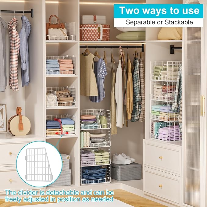 Hongtamoya 4-Tier Closet Organizers and Storage Basket with Divider, Foldable Closet Shelf Organizer System, Space-Saving Clothes Storage Drawer Organizer Bins for Wardrobe Cupboard, White