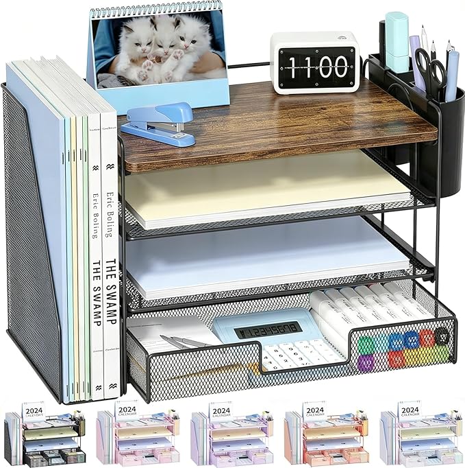 OPNICE Wood Desk Organizers and Accessories, 4-Tier Desktop File Organizer with Drawer and 2 Pen Holders, Office Desk Accessories Workspace Organizers for Office Supplies(Wood)