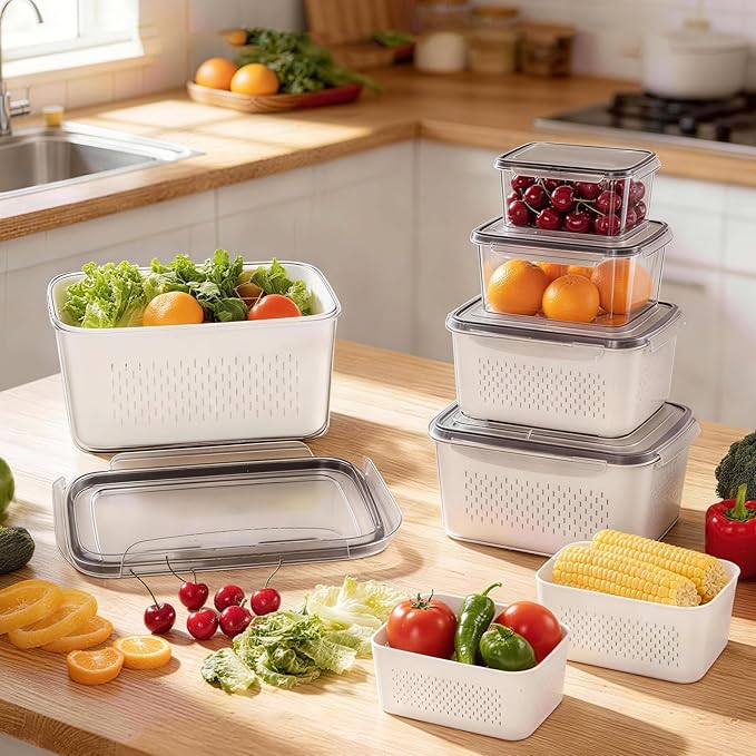 HOMETALL 8 Pack Fruit Storage Containers for Fridge, Produce Containers for Fridge with Colander, Leakproof Fridge Organizers and Storage for Berry Vegetable Salad Lettuce Meat Food