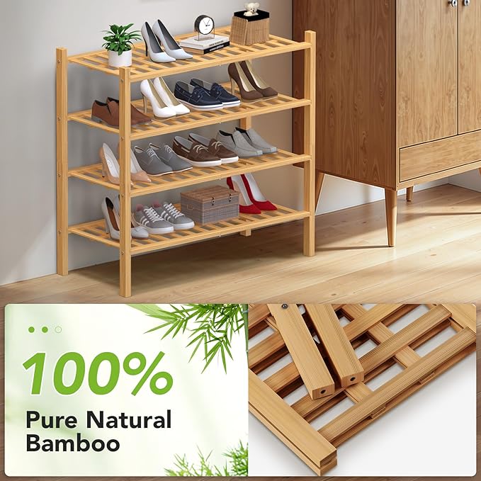 Haddockway 4 Tier Bamboo Shoe Rack Storage Organizer, Multifunctional Free Standing Stackable Shoe Shelf with Grid Panel for Closet,Hallway,Entryway,Small Space 27"x11"x26"