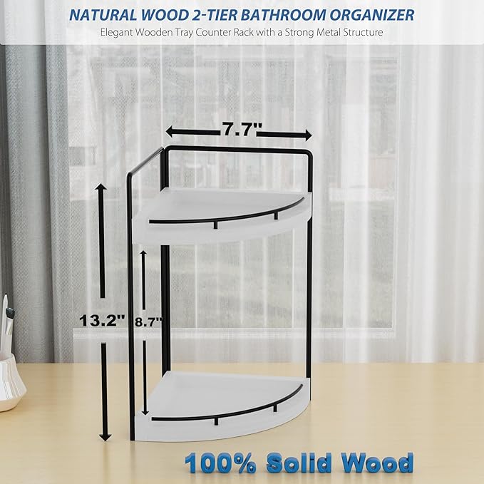 Corner Bathroom Counter Organizer, 2 Tier Wood Vanity Storage, White-2 Tier