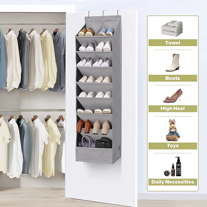 4 Pack Shoe Organizer with 6 Extra Large Pockets and 4 Large Pocket, Over the Door Sturdy Closet Storage Rack, Hanging Shoe Organizer for Shoes, Sneakers, Grey