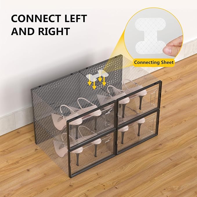 12 Pack XX-Large Clear Shoe Storage Boxes, Stackable Modular Plastic Shoe Organizer Front-Opening Door, Fit up to US Size 9 to13, Ventilated Dust-Proof Sneaker Display Cases Closet and Entryway, Black