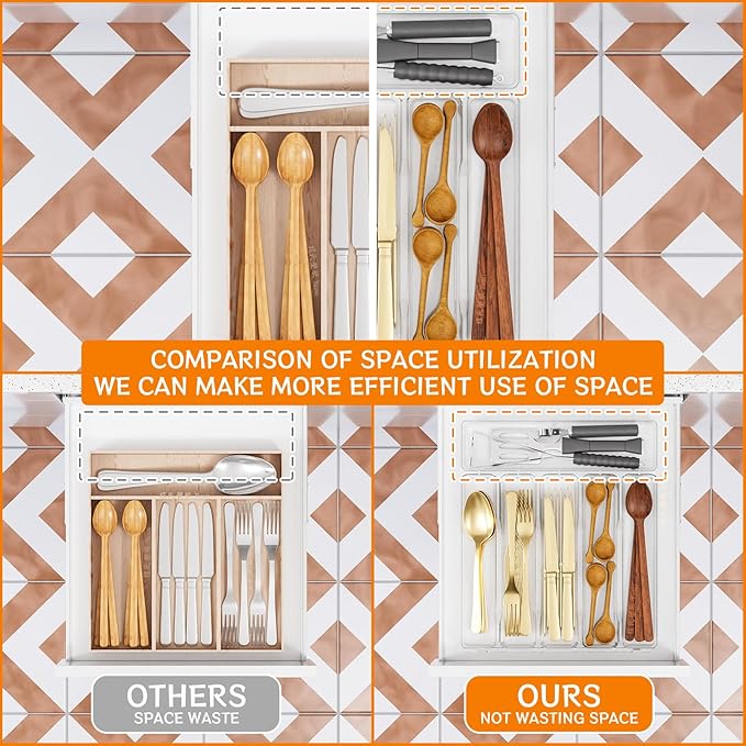 Clear Large Silverware Organizer 12 inch Wide for Kitchen Drawers
