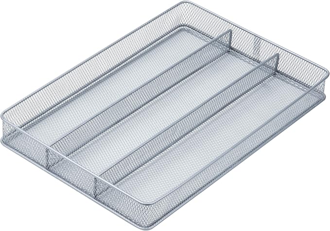 KCH-02157 Steel Mesh 3-Compartment Cutlery Utensil Organizer, Silver