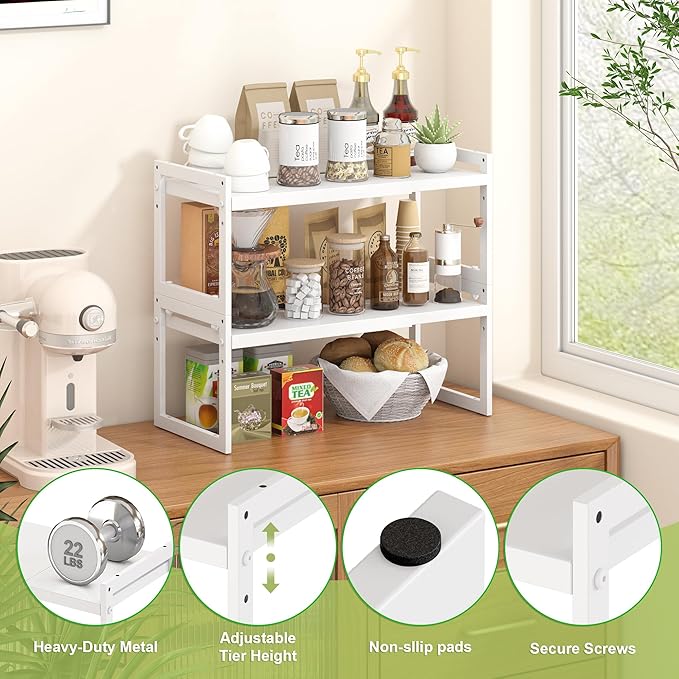 DOLALIKE Expandable Kitchen Countertop Organizer, Stackable Cabinet Shelf Organizers, Space Saving Spice Rack Pantry Storage for Bathroom Office Organization (White, 2 Tier)