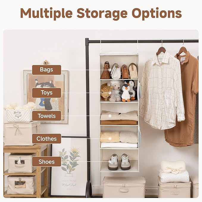 StorageWorks Hanging Closet Organizer, 5-Shelf Hanging Shelves with 2 Hooks, Foldable Space-Saving Design, Closet Organizers and Storage for Bedroom, Dorm, Locker, White & Ivory