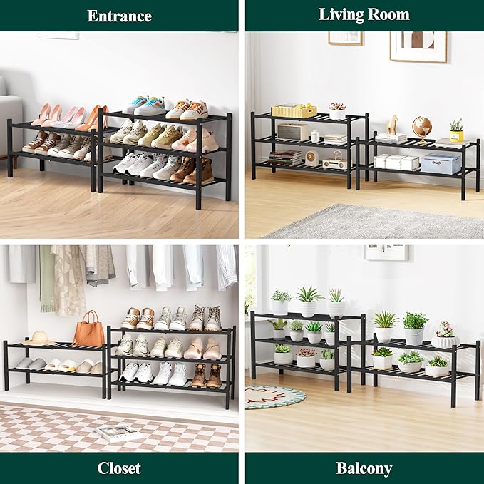 Smiry Bamboo Shoe Rack for Closet, 6 Tier Wooden Shoe Organizer, Stackable Wood Shoe Storage Shelf for Entryway, 14 Vertical Slats, 3+3 Stack Heavy-Duty Legs, 26.77"x11.02"x36.61", Black