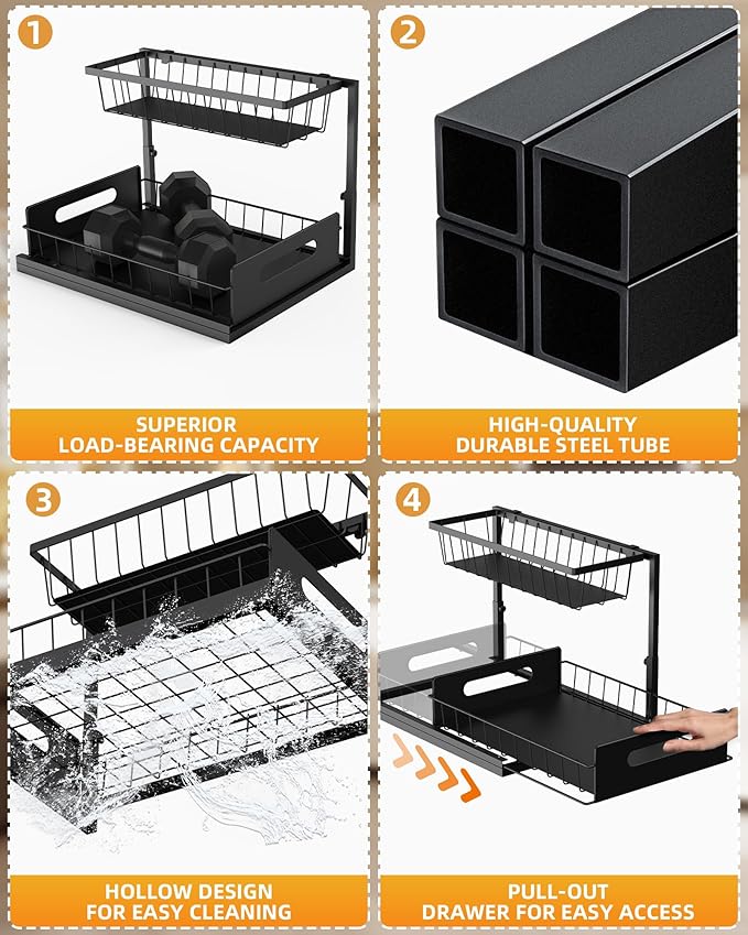 Mythinglogic Metal Under Sink Organizer and Storage, 2 Tier Under Sink Organizer, Pull Out Under Cabinet Organizer Shelf for Kitchen Bathroom and Laundry Room