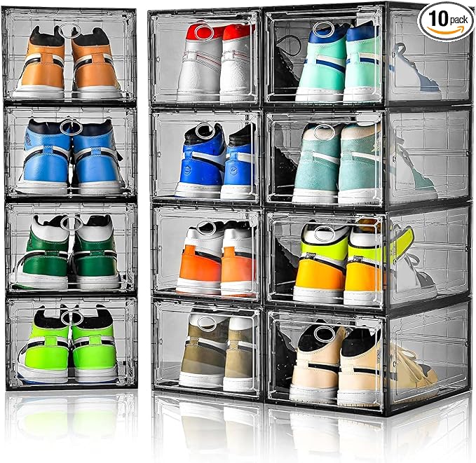 Amllas 12 Pack Shoe Boxes Stackable,Upgraded Sturdy Shoe Storage Boxes with Clear Magnetic Door,Multifunctional Sneaker Storage, Shoe Box Organizer Fit up to US Size 12 Gray(13.8”x 9.84”x 7.1”)