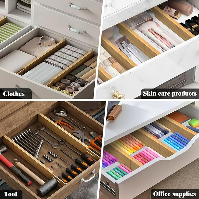 Bamboo Drawer Dividers, 12-21" Adjustable Drawer Organizers for Clothes, 5-Pack