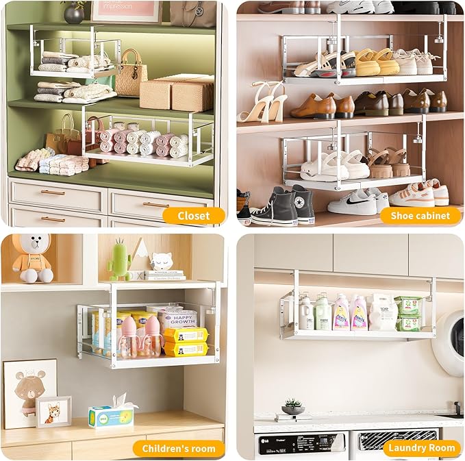 prueBox Under Shelf Storage Basket Organizer Adjustable Hanging Holder with Knob Lock, Heavy Duty Metal Panel for Pantry, Kitchen, Office, Closet Holds 50 lbs, 11.8"-19.3" Wide, White, 1 Pack