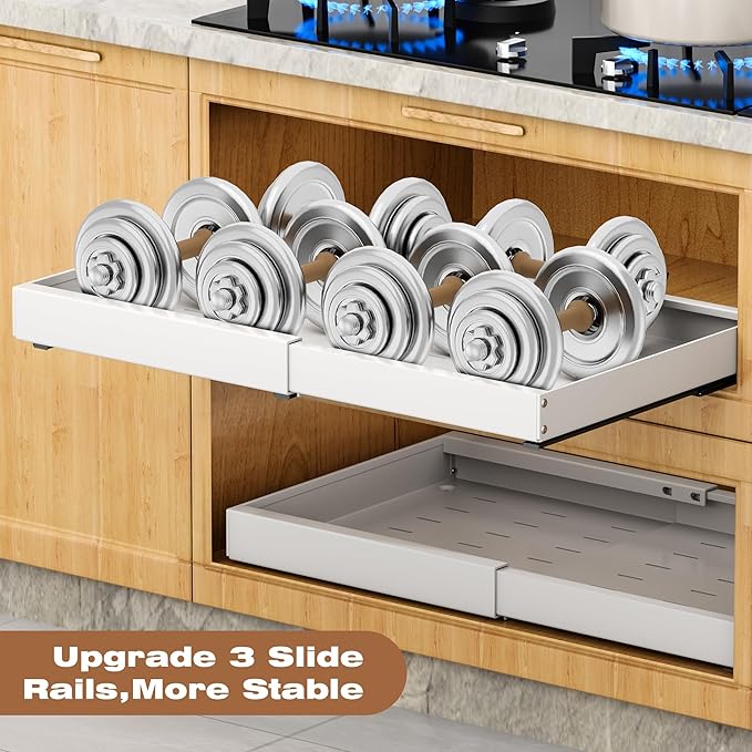 2 Pack Pull Out Cabinet Organizer Expandable,Adjustable 12-21 Inch Width Slide Out Drawer Shelves,Painted Carbon Steel with Heightening Pad,No Drill,for Kitchen/Bathroom/Pantry/Under Sink/Laundry Room