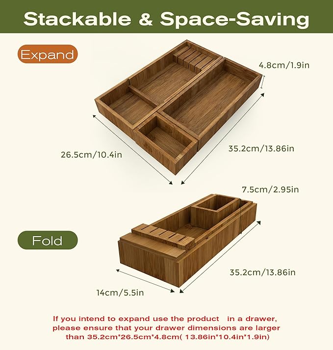 KOCWELL Bamboo Drawer Organizer with Knife Block, 3 Removable Silverware Drawer Organizer Bins - Multi-Use for Kitchen Utensils, Office, Makeup, Tools Storage