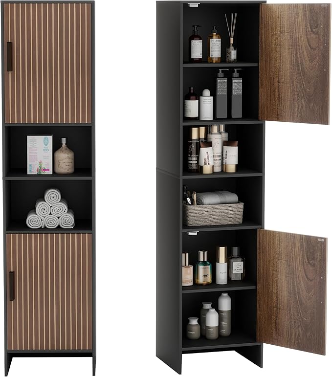 Tall Storage Cabinet, 13.15 Inch Narrow Bathroom Cabinet with USB Magnetic Light, Open Shelf, Magnetic Doors, 2 Adjustable Shelves, Anti-Tip Kit for Small Spaces, Living Room, Black, 57.1" H
