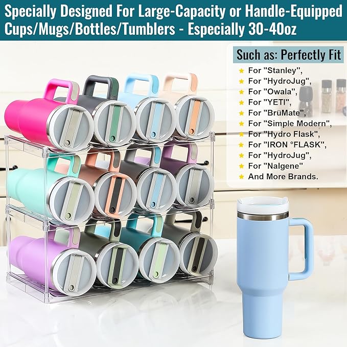 Design for Stanley 40 OZ & Large Bottles & Tumblers with Handle - Acrylic Water Bottle Organizer - Stackable Clear Wine Rack Cup Holder for Home Kitchen Pantry Shelf Countertop Cabinet, 3 Tier Hold 12