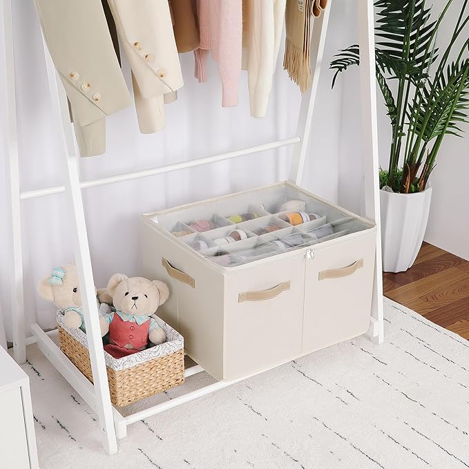 TOPIA HOME Shoe Organizer for Closet 2 Pack, Foldable Shoe Box with Adjustable Dividers and Clear Cover, Space Saving Shoe Storage Organizer Cabinet with Reinforced Handles, Fits 32 Pairs Beige TP12Y