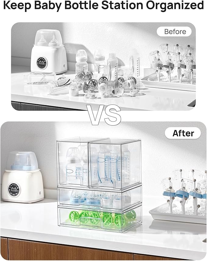 Clear Stackable Storage Drawers Set of 4, Plastic Organizer Bins for Makeup