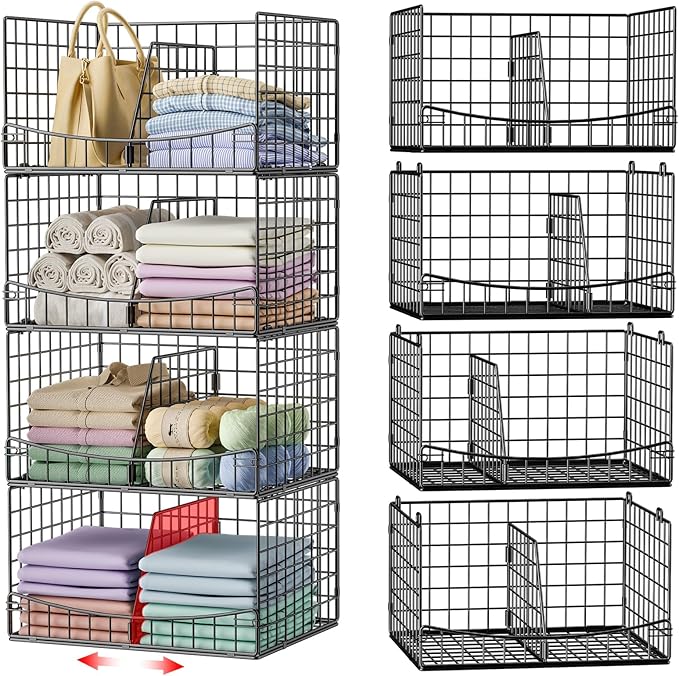 Hongtamoya 4-Tier Closet Organizers and Storage Basket with Divider, Foldable Closet Shelf Organizer System, Space-Saving Clothes Storage Drawer Organizer Bins for Wardrobe Cupboard, Black