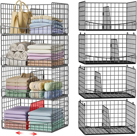 4-Tier Closet Organizers and Storage Basket with Divider, Black