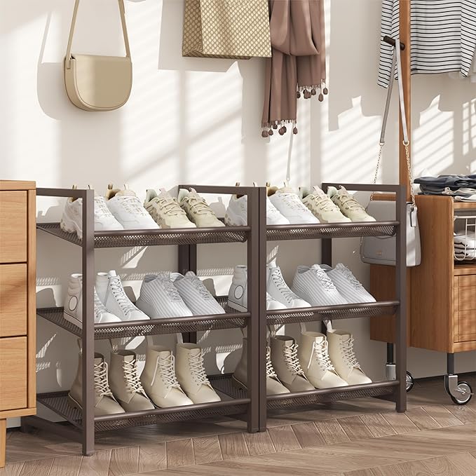 6 Tier Shoe Rack, Stackable Shoe Storage with Mesh Shelves, Holds 12-15 Pairs, Metal Shoe Organizer for Entryway Closet Garage, Bronze