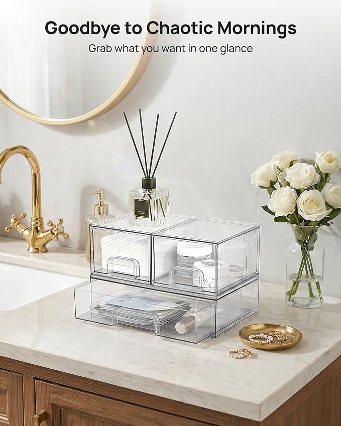 Stackable Storage Drawers Set of 3, Clear Plastic Organizer Bins for Makeup