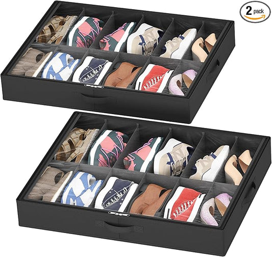 Lifewit 2-Pack Under Bed Shoe Storage, 4.3 Inches Low Profile Fabric Slim Shoe Organizer for Closet with Clear Cover, Set of 2 Thin Stackable Shoe Boxes Hold 24 Pairs, Black