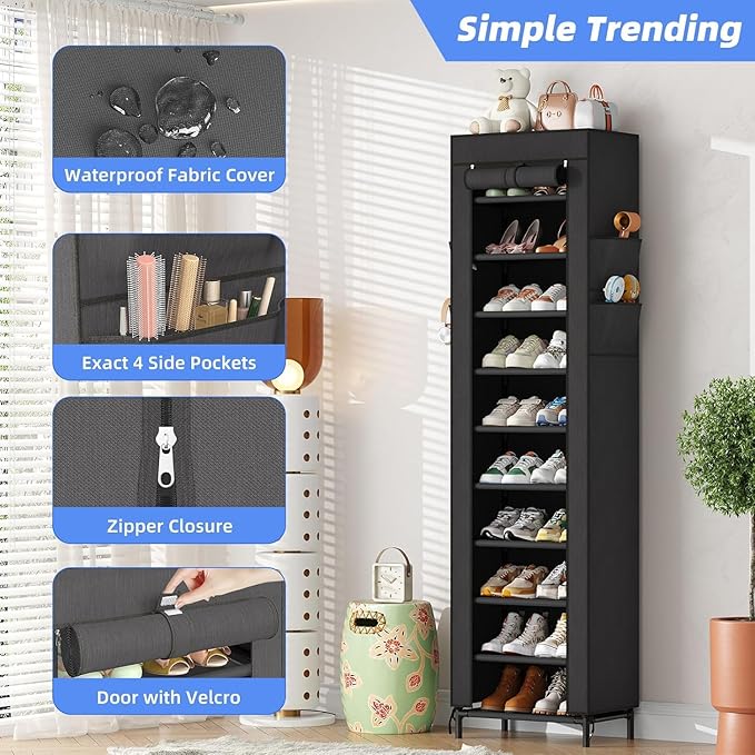Simple Trending Narrow Shoe Rack with Cover, 10 Tier Shoe Organizer Storage, Tall Free Standing Shoe Cabinet Holds 20 Pairs for Closet, Black