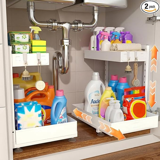 Under Sink Organizer, Kitchen & Bathroom Storage with L-Shaped Design Fits Around Pipes, 2-Tier Slide-Out Metal Drawer, Adjustable Height for Cabinet Laundry Organization (Cream White)