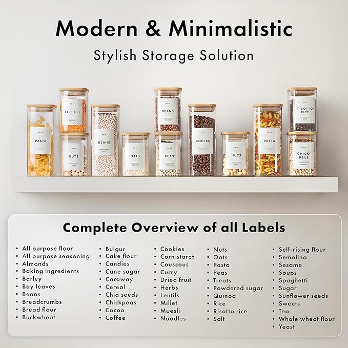 EDELHAUS Square Glass Storage Containers with Bamboo Lids 12-Pack (4x 30 oz, 8x 17 oz) Airtight Glass Storage Jars with Lids for Food, Stackable Glass Kitchen Canisters with 114 Labels for Pantry