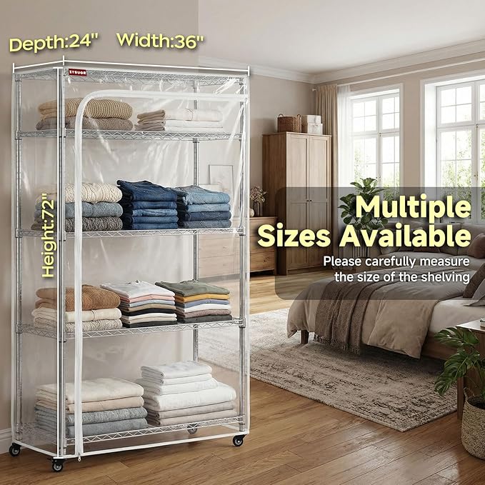 Clear PVC Shelf Cover, Extra Deep 36" W x 24" D x 72" H, 3-Way Opening with Two-Way Zipper, See-Through Waterproof Storage Shelving Cover for Warehouse
