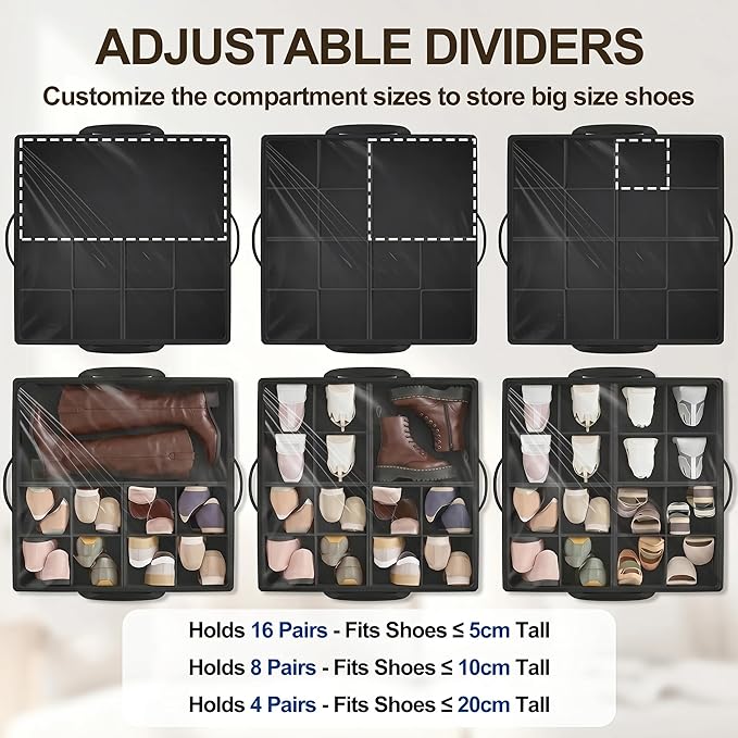 Large Shoe Organizer for Closet, Adjustable Dividers Shoe Storage Box Bins with Wheels Clear Cover Reinforced Handle Side Pocket Fits up to 16 Pairs, Foldable Shoe Organizer for Entryway Black